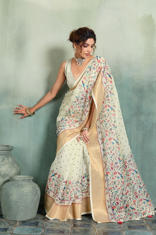 White Printed with Zari Woven Border Linen Saree (ACB1322)