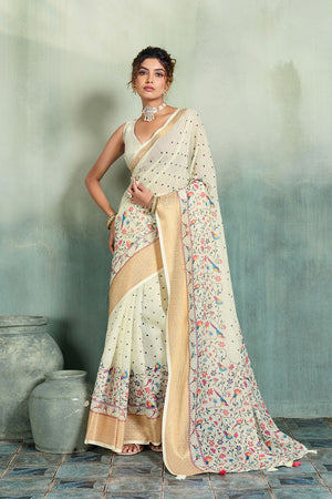 White Printed with Zari Woven Border Linen Saree (ACB1322)