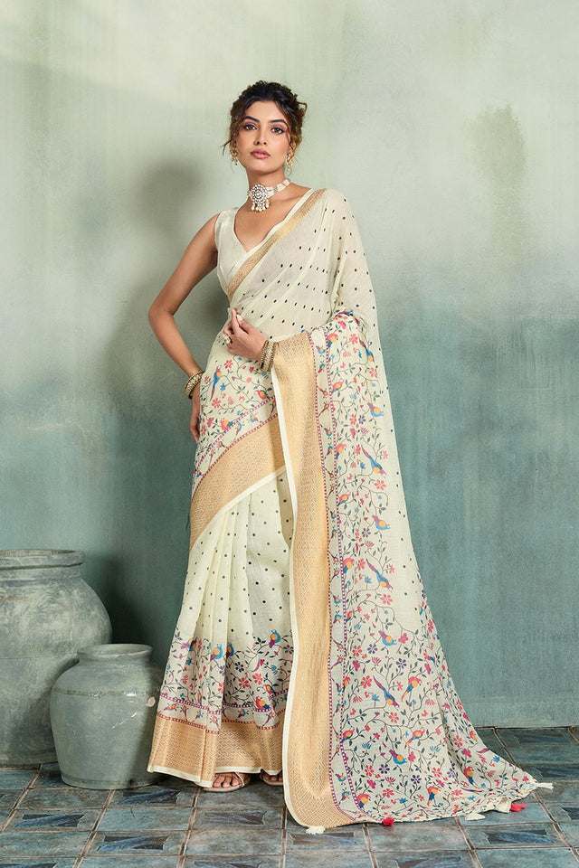 White Printed with Zari Woven Border Linen Saree (ACB1322)