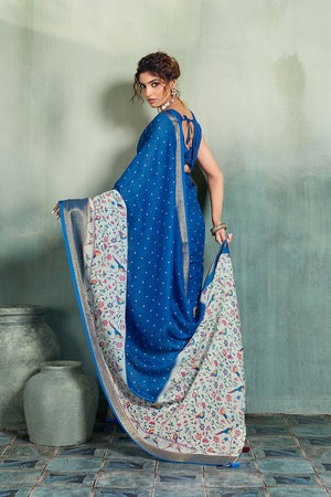 Blue Printed with Zari Woven Border Linen Saree (ACB1323)