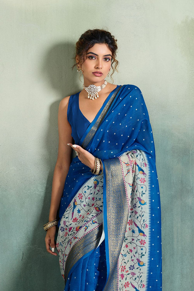 Blue Printed with Zari Woven Border Linen Saree (ACB1323)
