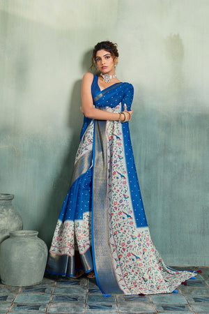 Blue Printed with Zari Woven Border Linen Saree (ACB1323)