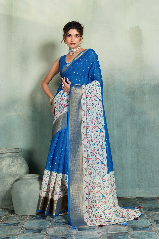 Blue Printed with Zari Woven Border Linen Saree (ACB1323)