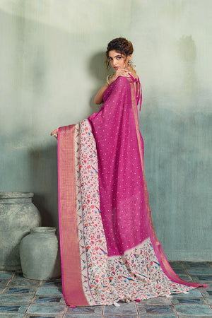 Pink Printed with Zari Woven Border Linen Saree (ACB1324)