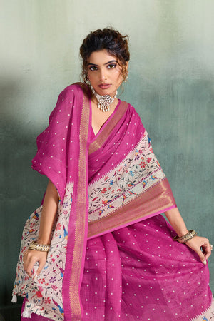 Pink Printed with Zari Woven Border Linen Saree (ACB1324)