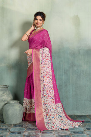 Pink Printed with Zari Woven Border Linen Saree (ACB1324)