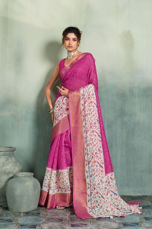 Pink Printed with Zari Woven Border Linen Saree (ACB1324)