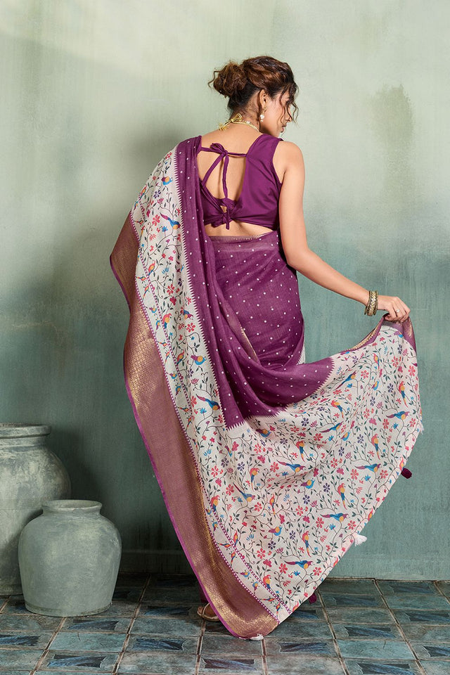 Purple Printed with Zari Woven Border Linen Saree (ACB1325)