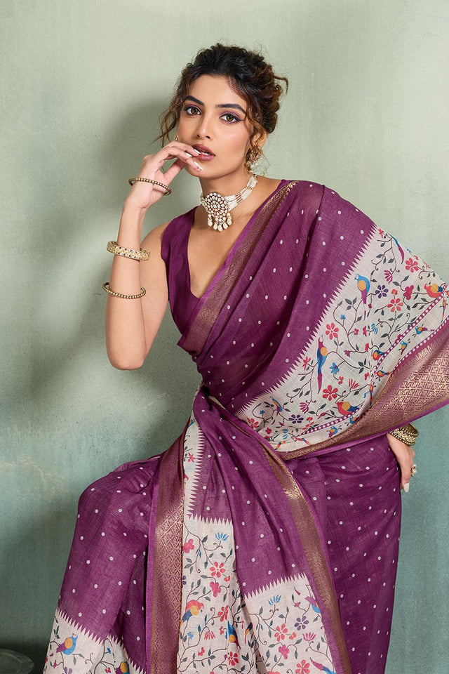 Purple Printed with Zari Woven Border Linen Saree (ACB1325)