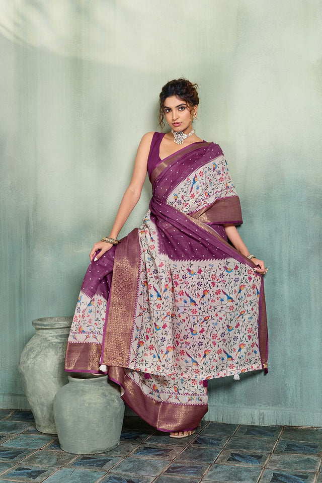 Purple Printed with Zari Woven Border Linen Saree (ACB1325)