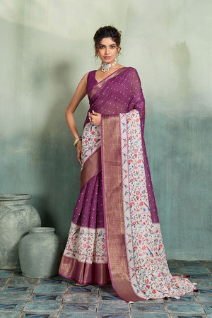 Purple Printed with Zari Woven Border Linen Saree (ACB1325)