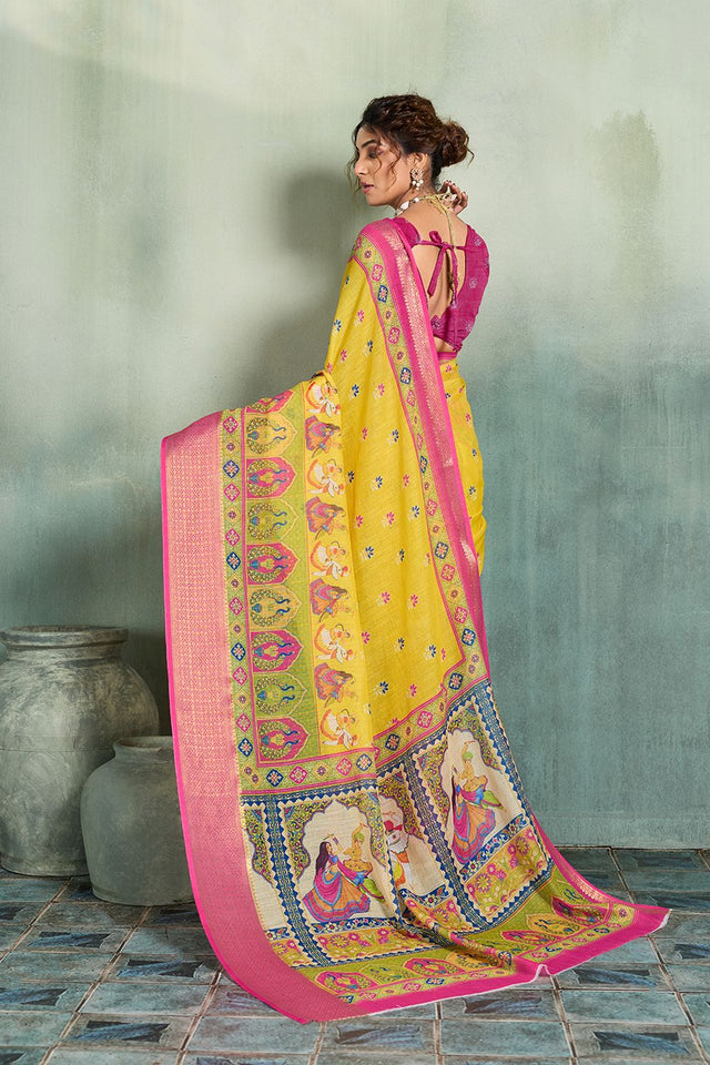 Yellow Printed with Zari Woven Border Linen Saree (ACB1326)