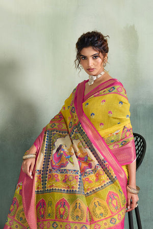Yellow Printed with Zari Woven Border Linen Saree (ACB1326)