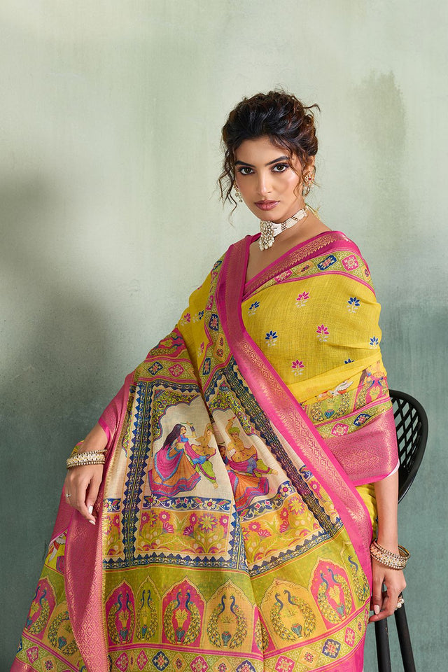 Yellow Printed with Zari Woven Border Linen Saree (ACB1326)