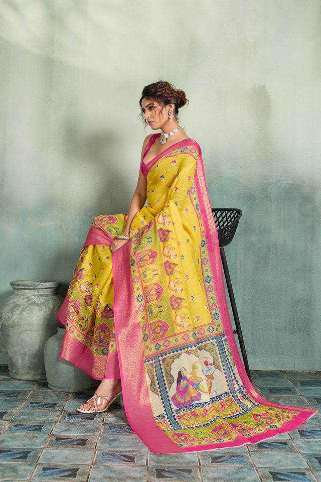 Yellow Printed with Zari Woven Border Linen Saree (ACB1326)