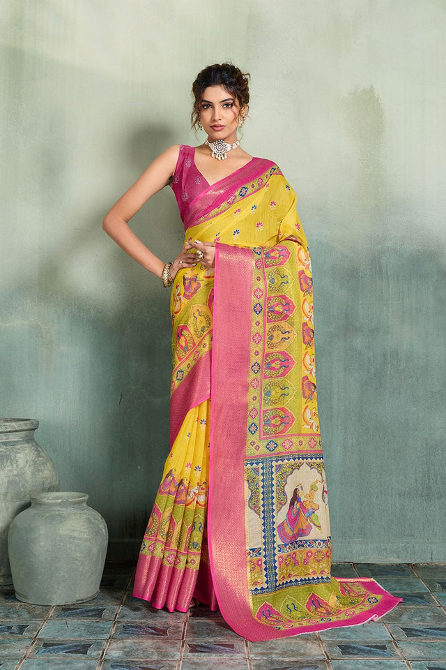 Yellow Printed with Zari Woven Border Linen Saree (ACB1326)