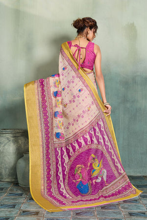 Off White Printed with Zari Woven Border Linen Saree (ACB1327)