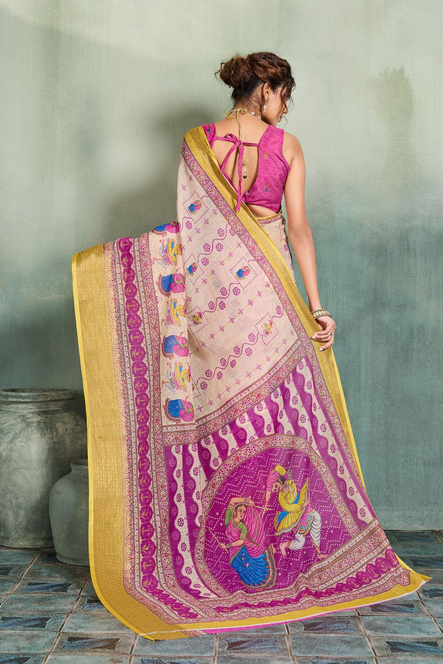 Off White Printed with Zari Woven Border Linen Saree (ACB1327)