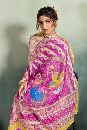 Off White Printed with Zari Woven Border Linen Saree (ACB1327)