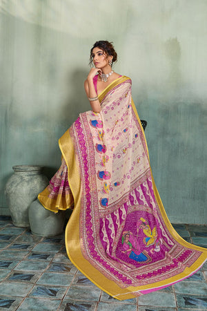 Off White Printed with Zari Woven Border Linen Saree (ACB1327)