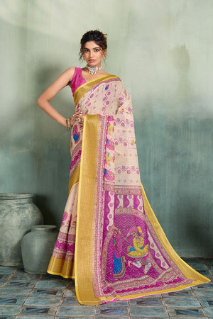 Off White Printed with Zari Woven Border Linen Saree (ACB1327)