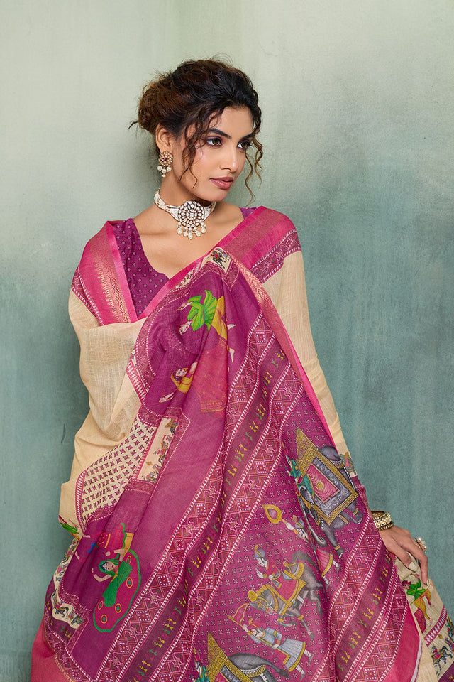 Cream Printed with Zari Woven Border Linen Saree (ACB1328)