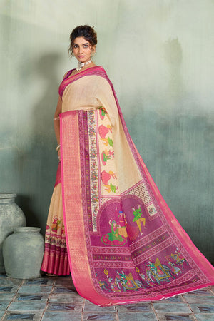 Cream Printed with Zari Woven Border Linen Saree (ACB1328)