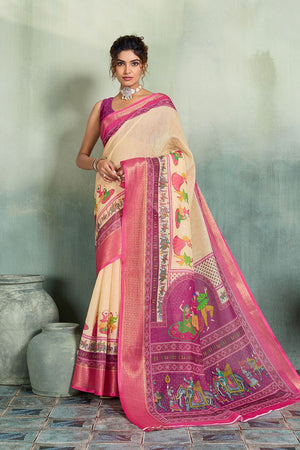 Cream Printed with Zari Woven Border Linen Saree (ACB1328)