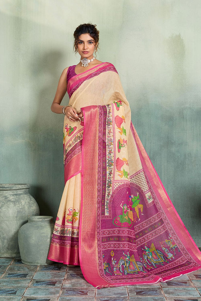 Cream Printed with Zari Woven Border Linen Saree (ACB1328)