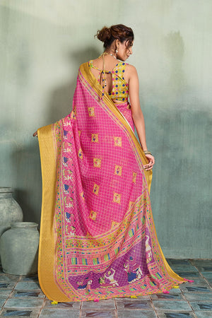Pink Printed with Zari Woven Border Linen Saree (ACB1329)
