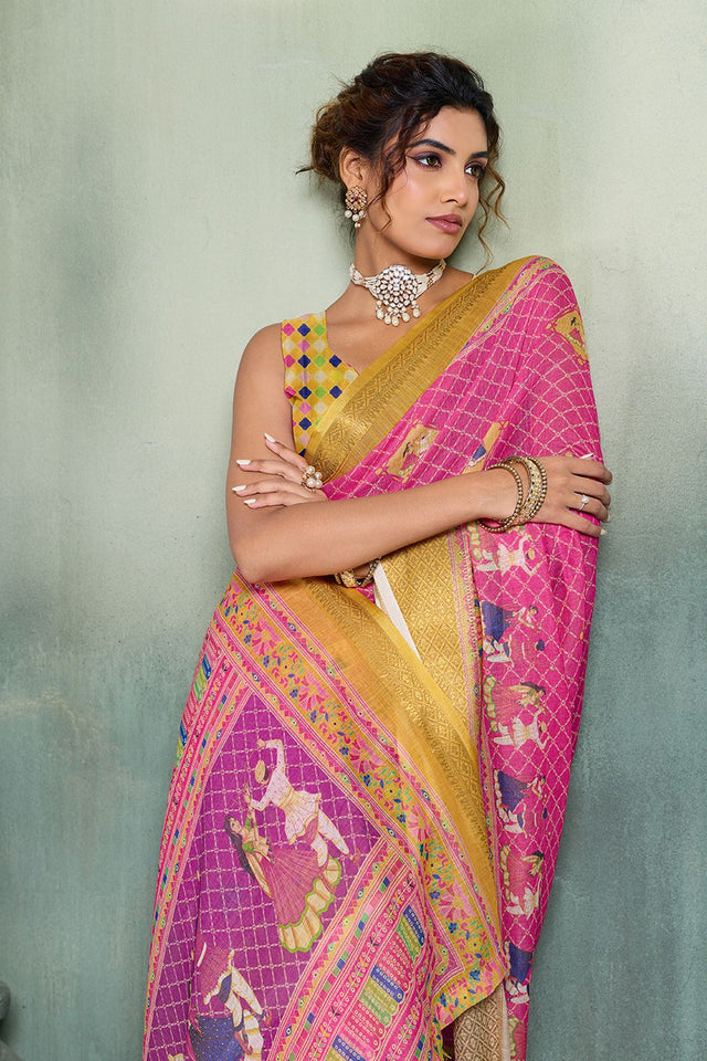 Pink Printed with Zari Woven Border Linen Saree (ACB1329)