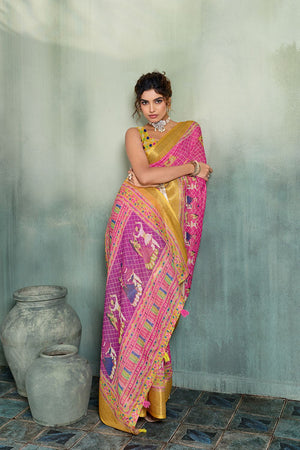Pink Printed with Zari Woven Border Linen Saree (ACB1329)