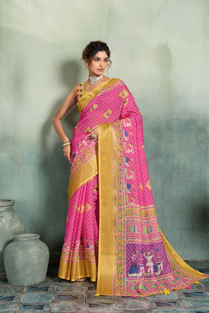 Pink Printed with Zari Woven Border Linen Saree (ACB1329)