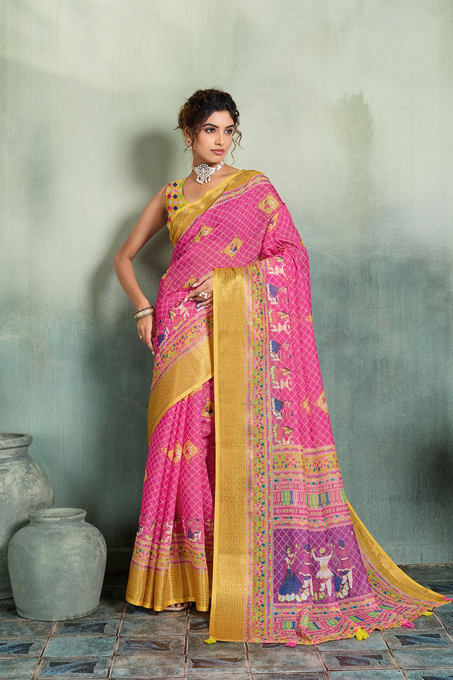 Pink Printed with Zari Woven Border Linen Saree (ACB1329)
