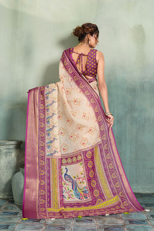 Off White Printed with Zari Woven Border Linen Saree (ACB1330)