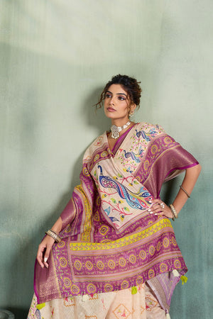 Off White Printed with Zari Woven Border Linen Saree (ACB1330)