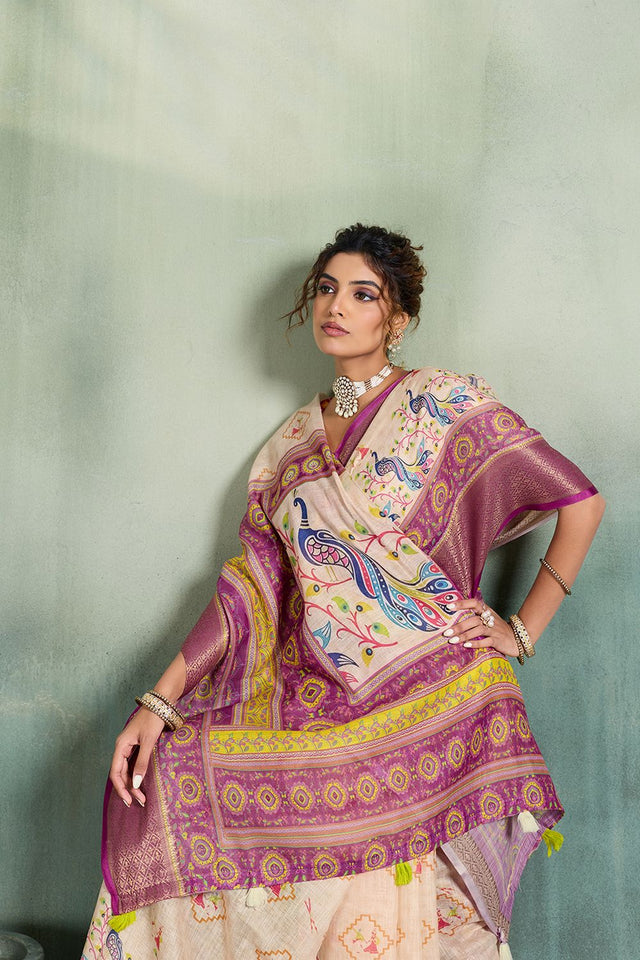 Off White Printed with Zari Woven Border Linen Saree (ACB1330)