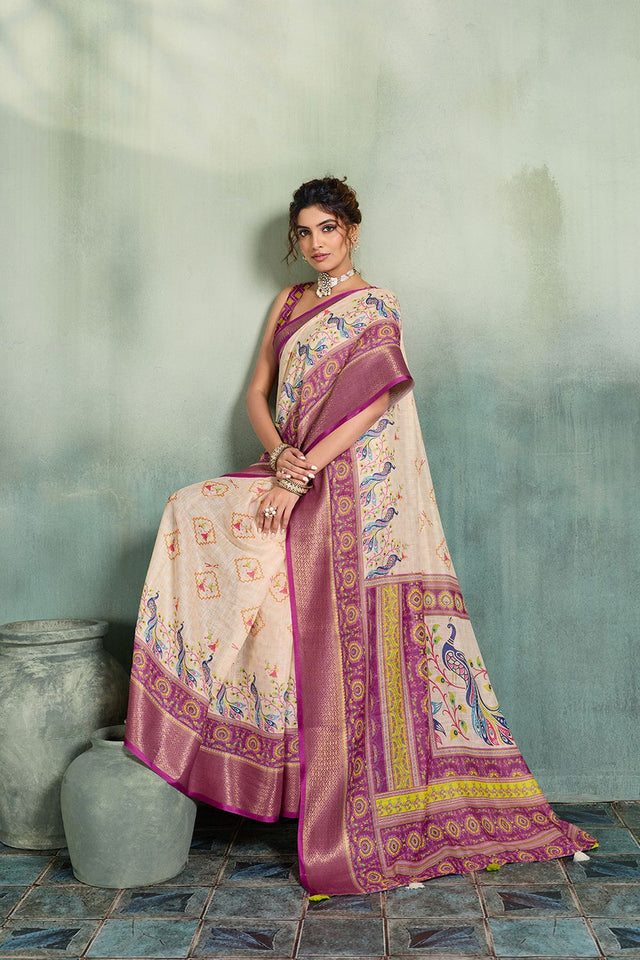 Off White Printed with Zari Woven Border Linen Saree (ACB1330)