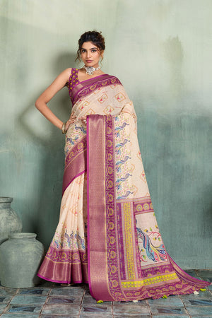 Off White Printed with Zari Woven Border Linen Saree (ACB1330)