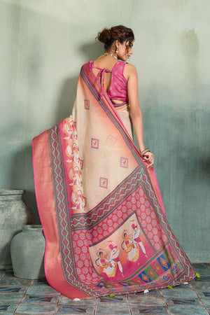 Cream Printed with Zari Woven Border Linen Saree (ACB1331)