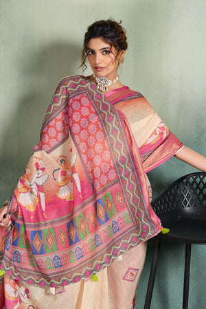 Cream Printed with Zari Woven Border Linen Saree (ACB1331)