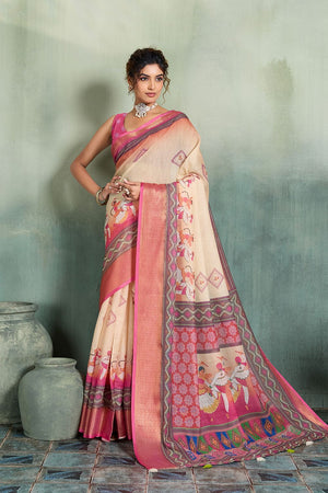 Cream Printed with Zari Woven Border Linen Saree (ACB1331)