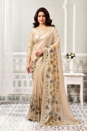 Peach Floral Printed with Embellished Border Satin Silk Saree (ACB1332)