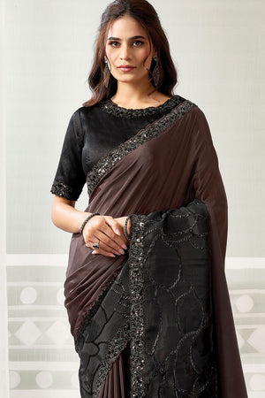 Brown Embroidered Satin Saree (ACB1333)