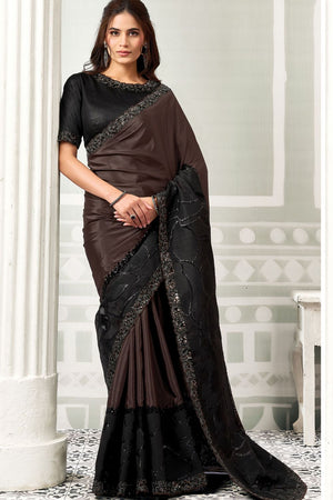 Brown Embroidered Satin Saree (ACB1333)