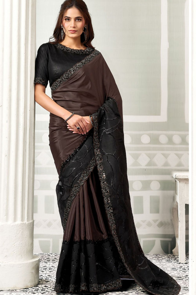 Brown Embroidered Satin Saree (ACB1333)
