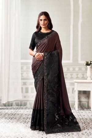 Brown Embroidered Satin Saree (ACB1333)