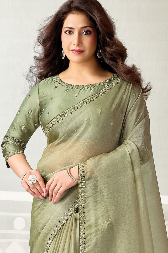Green Embroidered Organza Saree (ACB1334)
