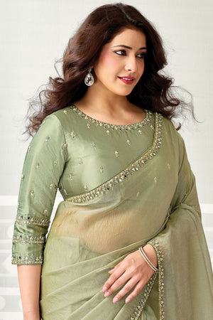 Green Embroidered Organza Saree (ACB1334)