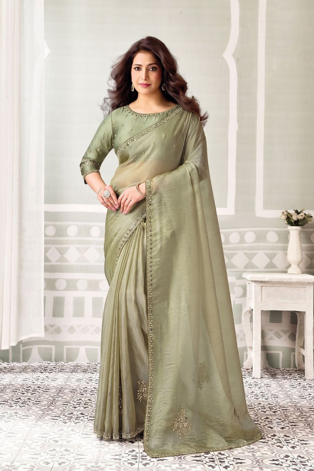 Green Embroidered Organza Saree (ACB1334)